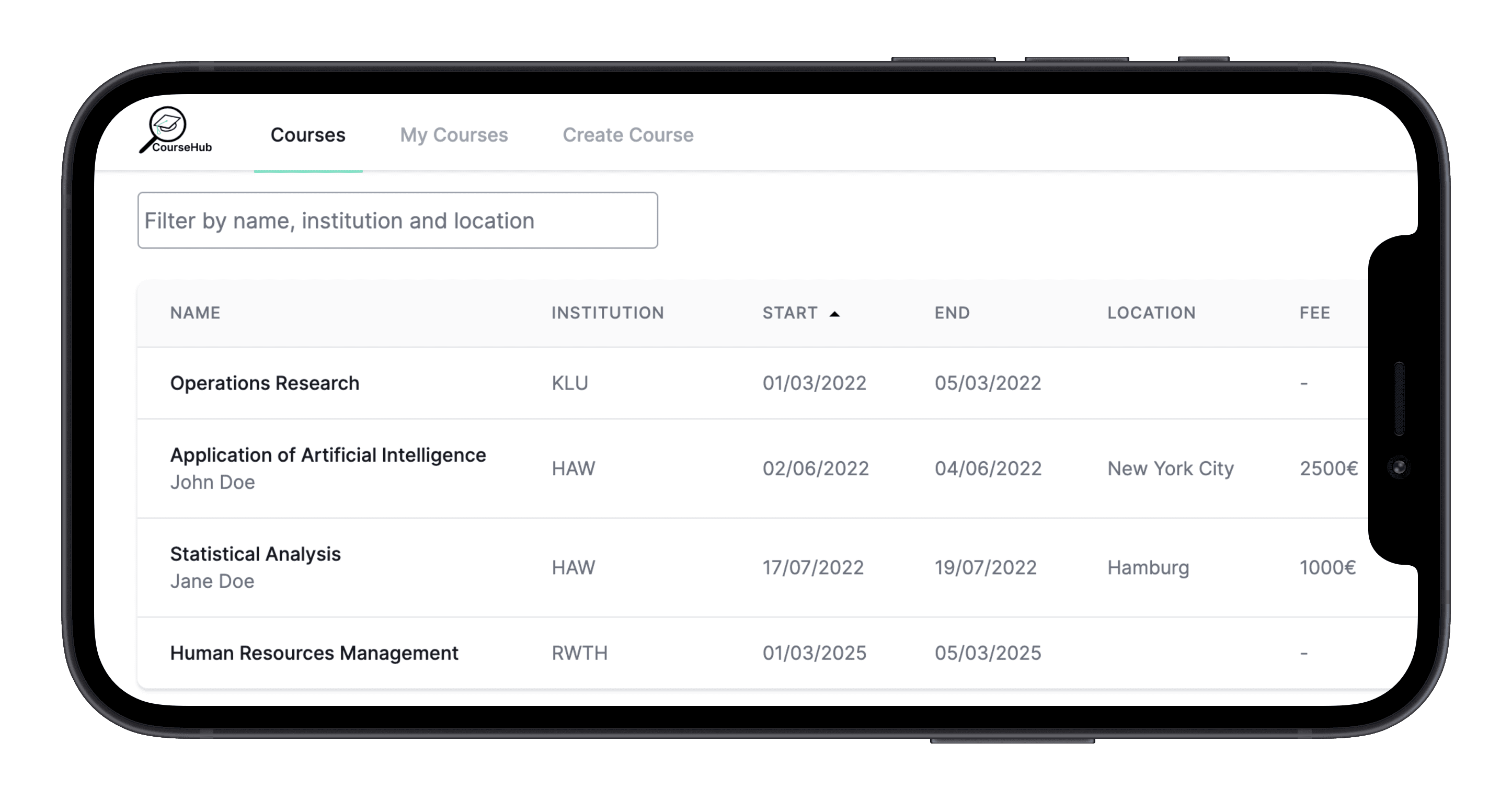 Picture of a smartphone showing a table of courses